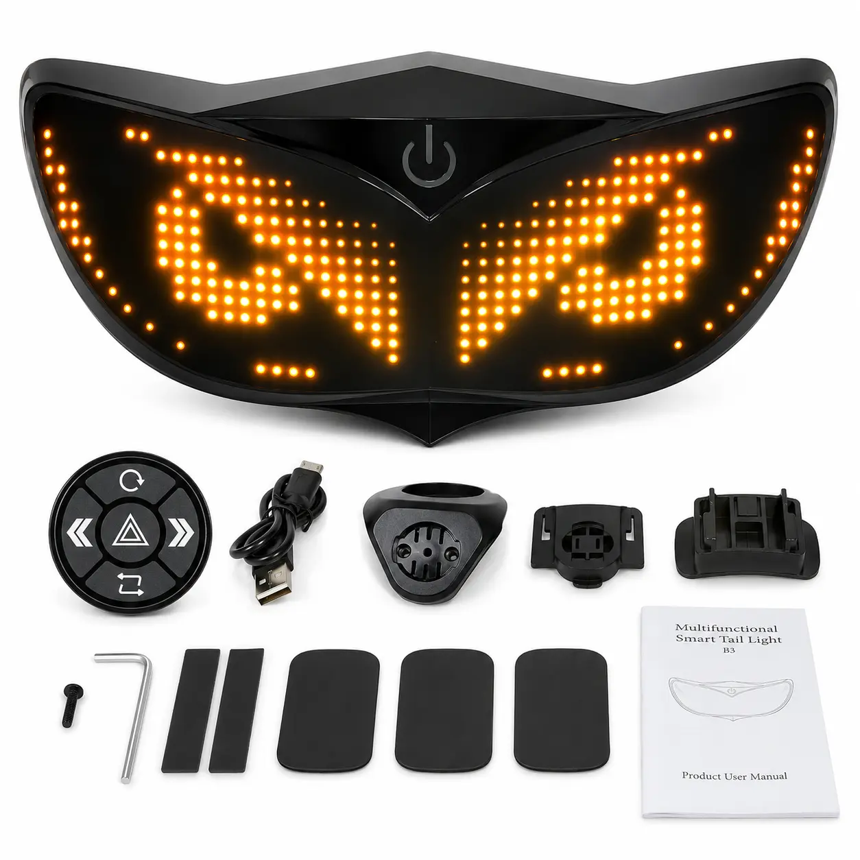 Gelrova B3 Smart LED Bike Taillight with LED Display - Remote Control, App Control, Smart Brake Warning, IP66 Waterproof, Rechargeable via USB Cable, Polycarbonate Build for Youth Hybrid Bikes, Sports Use, Foam Pads, 3 Ways To Use, 0.1 Kg, 65G, Accessorie