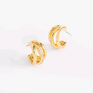 4 Layer 18k Gold Plated Earrings with Triple Hoop Design and Synthetic Crystal Tone Stones Modern Hook Earrings for Casual and Sophisticated Outfits