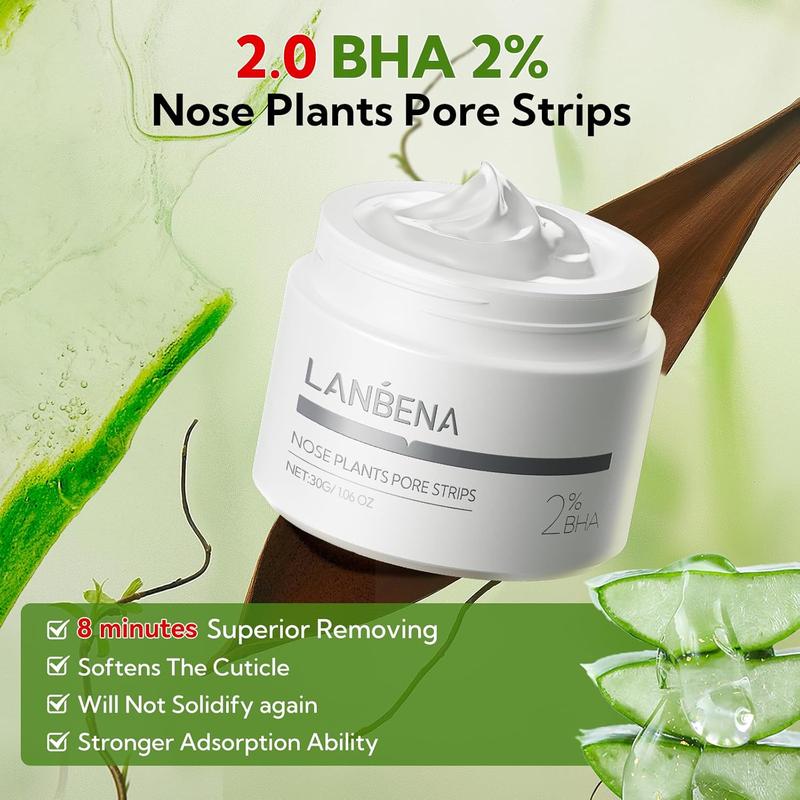 LANBENA 2% BHA Nose Plants Pore Strips Blackhead Mask Deep Cleansing with Amazonian White Clay & Aloe Vera 30g for Pore Health - Moisturize (Updated version in circulation).