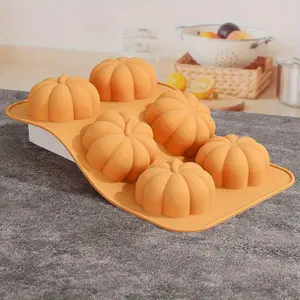 6 Cavity Pumpkin Silicone Mold, Reusable Mold, Halloween Harvest 3D Fondant Mold For DIY Pudding Chocolate Candy Desserts Gummy Handmade Soap Aromatherapy Candle Plaster Polymer Clay Ice Cube, Bakeware, Cake Decorating Supplies, Baking Supplies