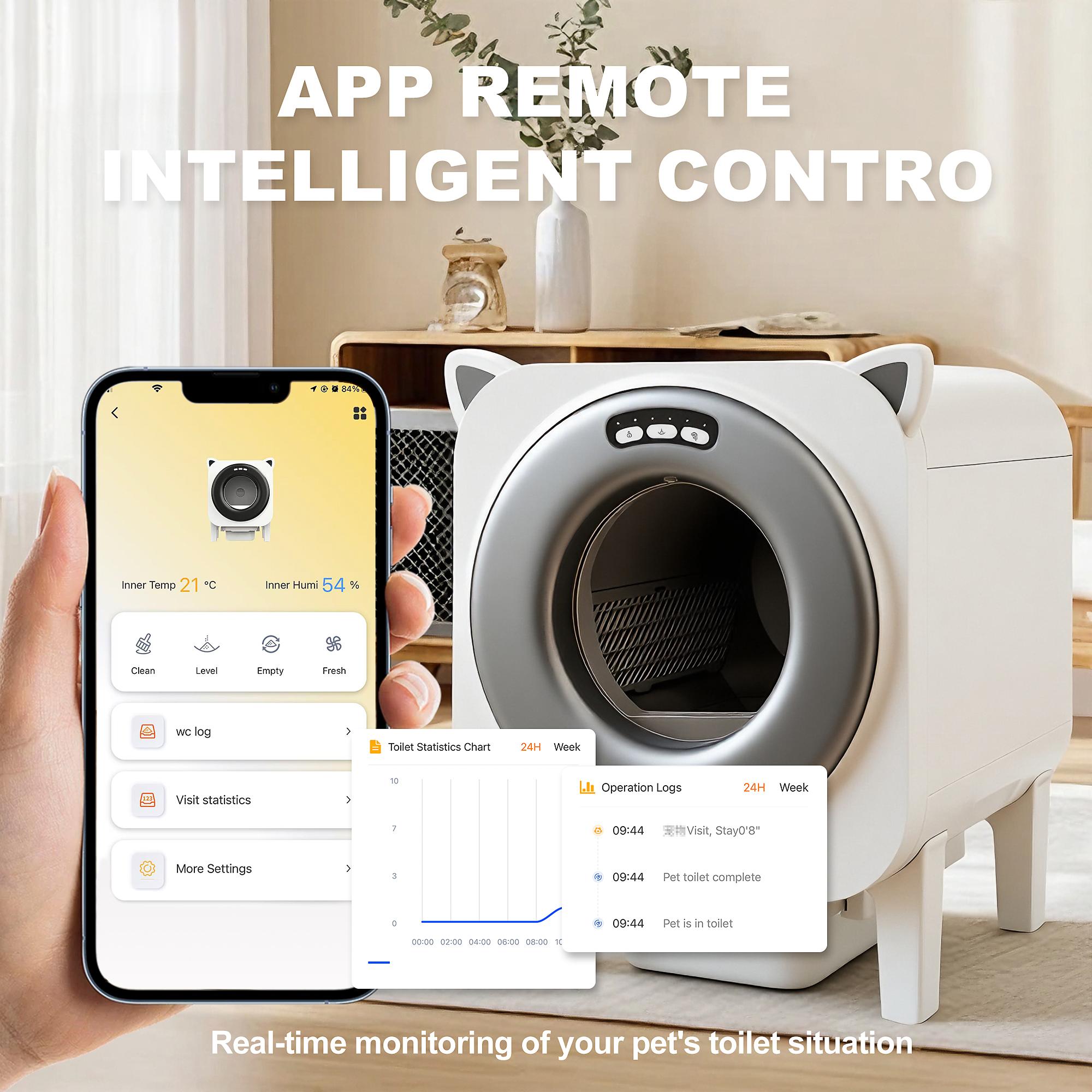 65L large-capacity smart automatic cat litter box, accommodates up to 8 kg large cats, 10 L waste collection bin, app-controlled remote operation, odor control and antibacterial features, one-touch smart litter replacement