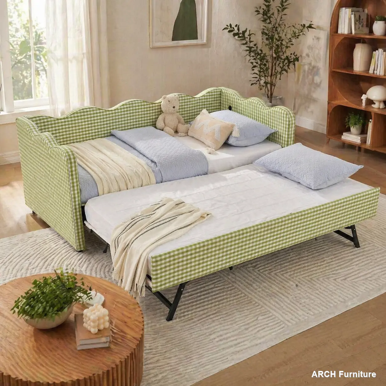 Twin Size Gingham Check ARCH Linen Fabric Daybed with Sturdy Bed Frame, Wooden Platform, Trundle, USB Charging Station, Wave-Shape Design, No Box Spring Needed, Green Indoor Sofa Bed, Wooden Platform Bed
