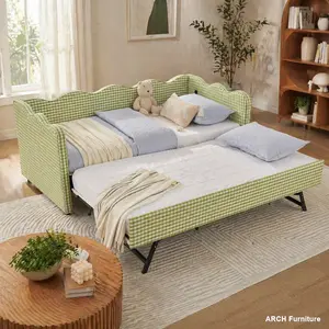 Twin Size Gingham Check ARCH Linen Fabric Daybed with Sturdy Bed Frame, Sturdy Wooden Platform, Trundle, USB Charging Station, Wave-Shape Design, No Box Spring Needed, Green Indoor Sofa Bed