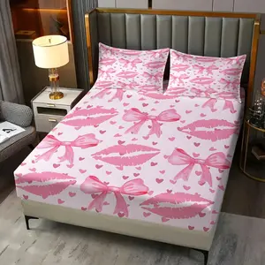 3Pcs Romantic Pink Fitted Sheet Set, Soft Watercolor Satin Hair Bow and Bold Lip Print Motifs, Whimsical Heart Accents - Perfect for Valentine's Day or a Charming Bedroom Makeover! Includes 2 Pillowcases, No Pillow Core