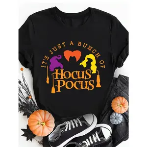 Witch Hocus Pocus Print T-shirt, Casual Short Sleeve Crew Neck Top, Polyester Material, Slight Stretch, Regular Sleeve, Pullovers, Cartoon Pattern Cotton Summer Printed Cotton Witch T-Shirt
