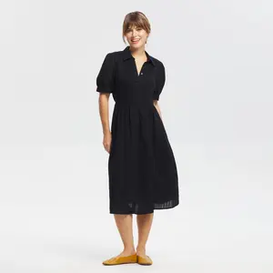 Women's Puff Short Sleeve Eyelet Midi Shirtdress - Universal Thread Black XL