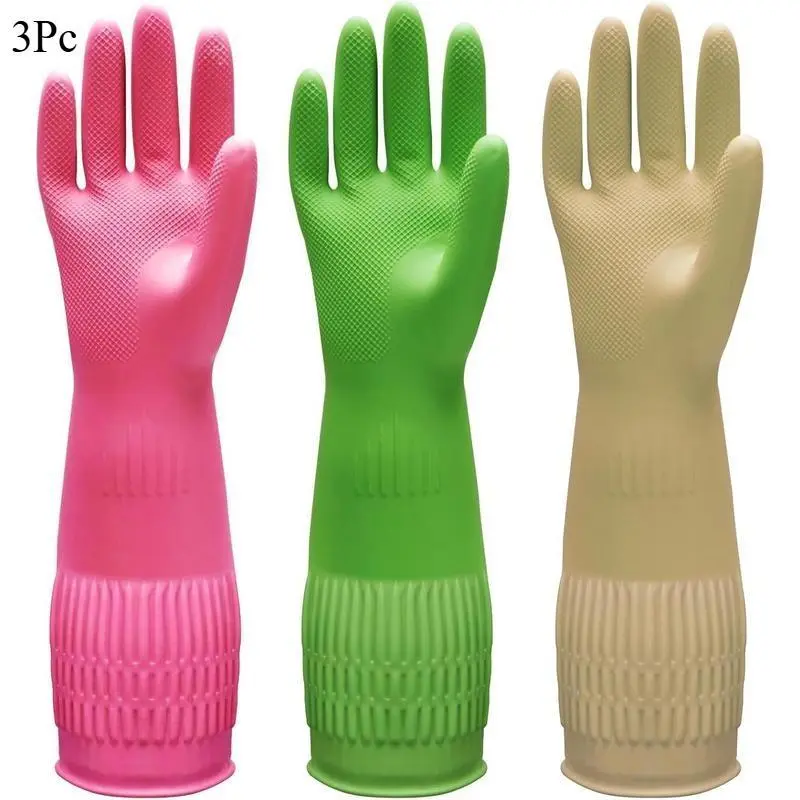 X-Large Color-Coded Rubber Cleaning Sports Gloves, 3-Pack 15-in Long Cuff Set with Non-Slip Grip, for Kitchen Dishwashing & Household Tasks