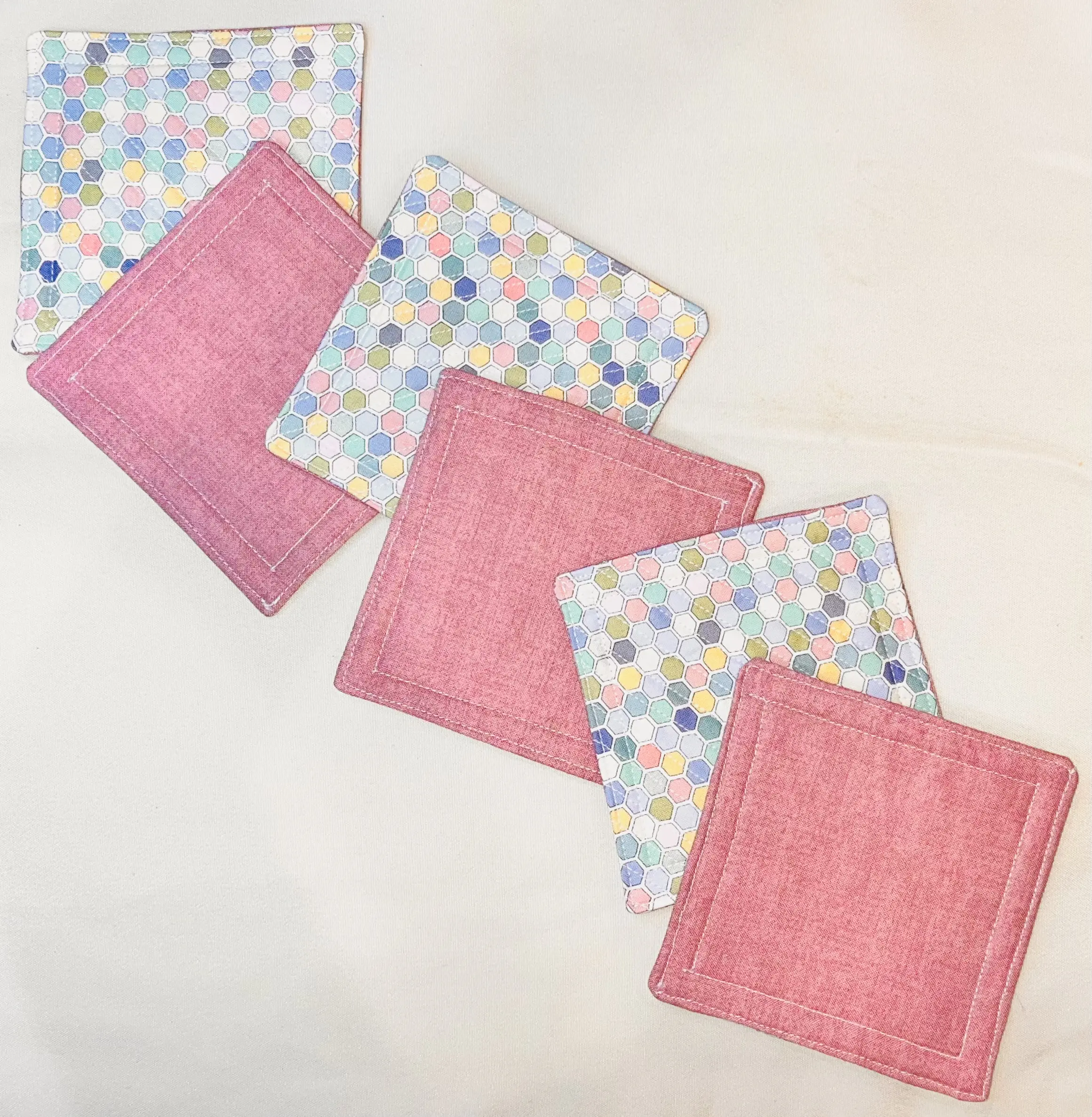 Handmade Quilted Coaster Set – Pastel Hexagon & Pink (Set of 6)