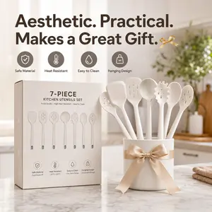 7Pcs Silicone Kitchen Utensil Set with Storage Holder, Heat Resistant Non-Stick Cooking Spoon Spatula Tools, Hanging Design Kitchen Gadgets Perfect Housewarming Gift