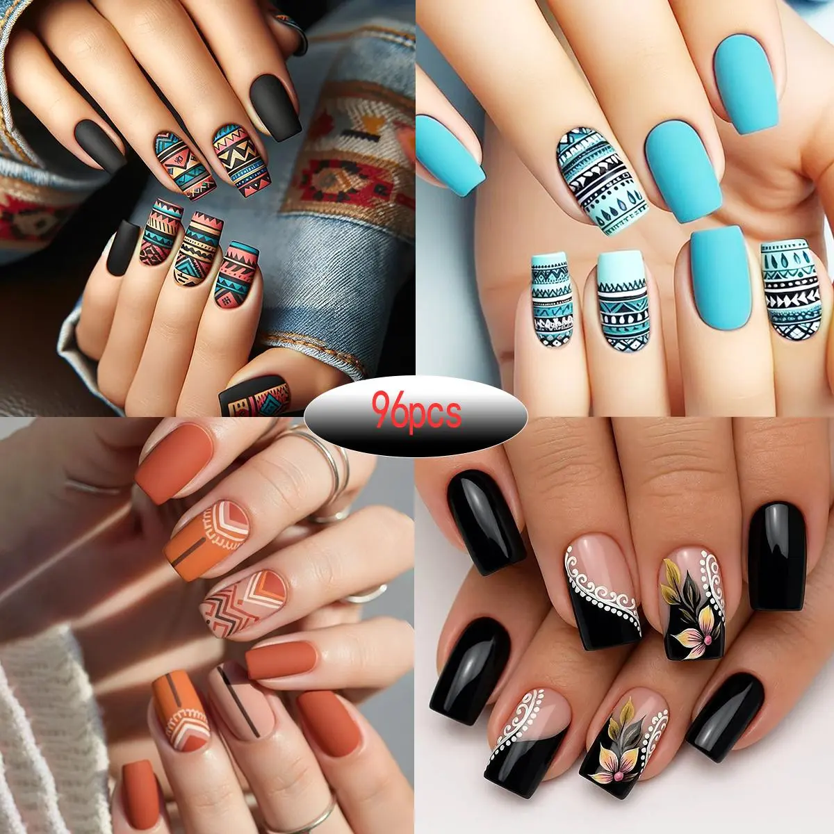 1/4 Packs/96/24 Pcs Square Fake Nails, featuring geometric patterns and totem designs in matte textures like black and blue, ar