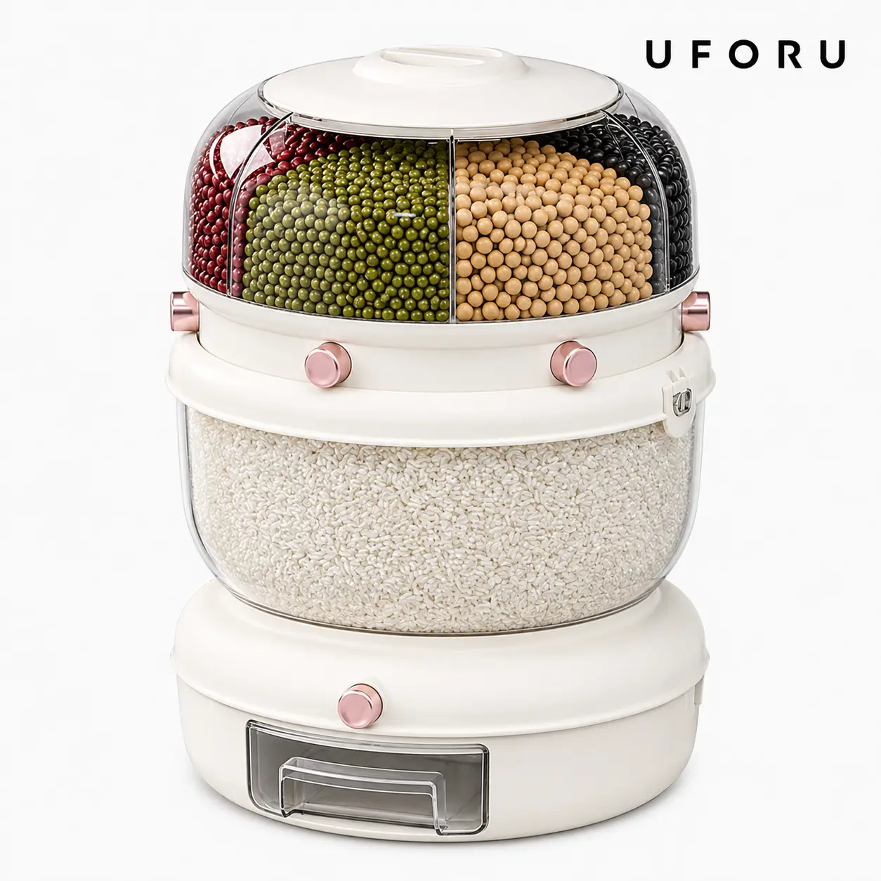 UFORU 360° Rotating Double Layer Grain Dispenser | Airtight Rice & Cereal Storage Container, 6-Compartment, Pest & Moisture Proof, Auto Dispense for Kitchen Pantry Organization#SummerWins#DFYD