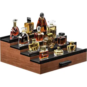 Cologne Organizer for Men,4 Tier of Elevated Cologne Display Stand with Drawer Storage,Wood Cologne Display,Perfume Organizer and Storage Display Risers,Great Gift for Men (Walnut Black)