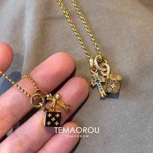Super Authentic Style!Vintage Running Ring Cross Solid Dice Pendant Necklace Light Luxury Design Sweater Chain Jewelry