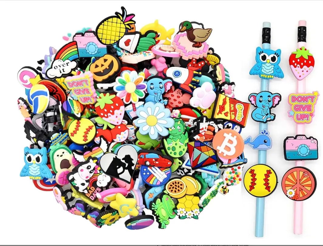 Papacharms Lot Random Different Decorative Pencil Toppers 105Pack Cute Cool Pencil Charms Clips Bulk PVC Pen Topper for School Prize Classroom Reward Student Gifts