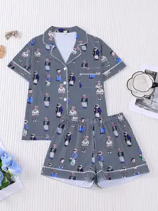 2-piece women's pajama set, Pyjama set, features bear print striped short-sleeved top with small pockets, offering comfort, softness, smooth skin-friendly feel, elastic waistband makes it suitable for all seasons, perfect for casual loungewear