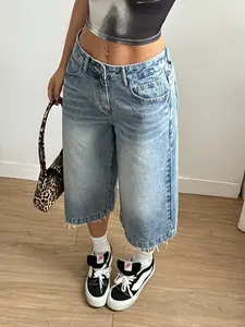 Women's American Style Casual Frayed Wide Leg Jeans, Light Blue Washed Mid-Waist Pants, Slimming Fit for Pear Shape Body, Trendy Denim Bottoms