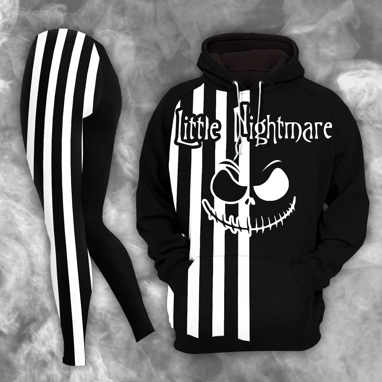 Skull Nightmare Hoodie and Leggings Set, Black White Striped Halloween Outfit, Spooky Gothic Tracksuit, Horror Lover Matching Combo