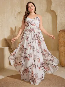 [Plus Size] Floral Print Chiffon Cami Spaghetti Strap Dress, Elegant Sleeveless Backless Evening Dress for Party Holiday Wedding Guest, Women's Clothes for Summer