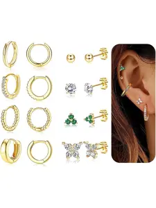 Exquisite 8 Pairs Golden Stud Hoop Earrings Copper Stainless Steel Stud Hoop Earring Set for Women Men Cartilage Helix Tragus Earrings for Multiple Piercings Jewelry High Quality Earrings