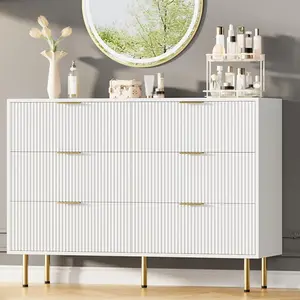 White Fluted Wood 6 Drawers Dresser for Bedroom - Large Modern Chest of Drawers - White Dresser with Gold Handle - Wood Drawer Organizer for Bedroom/Living Room/Hallway/Entryway