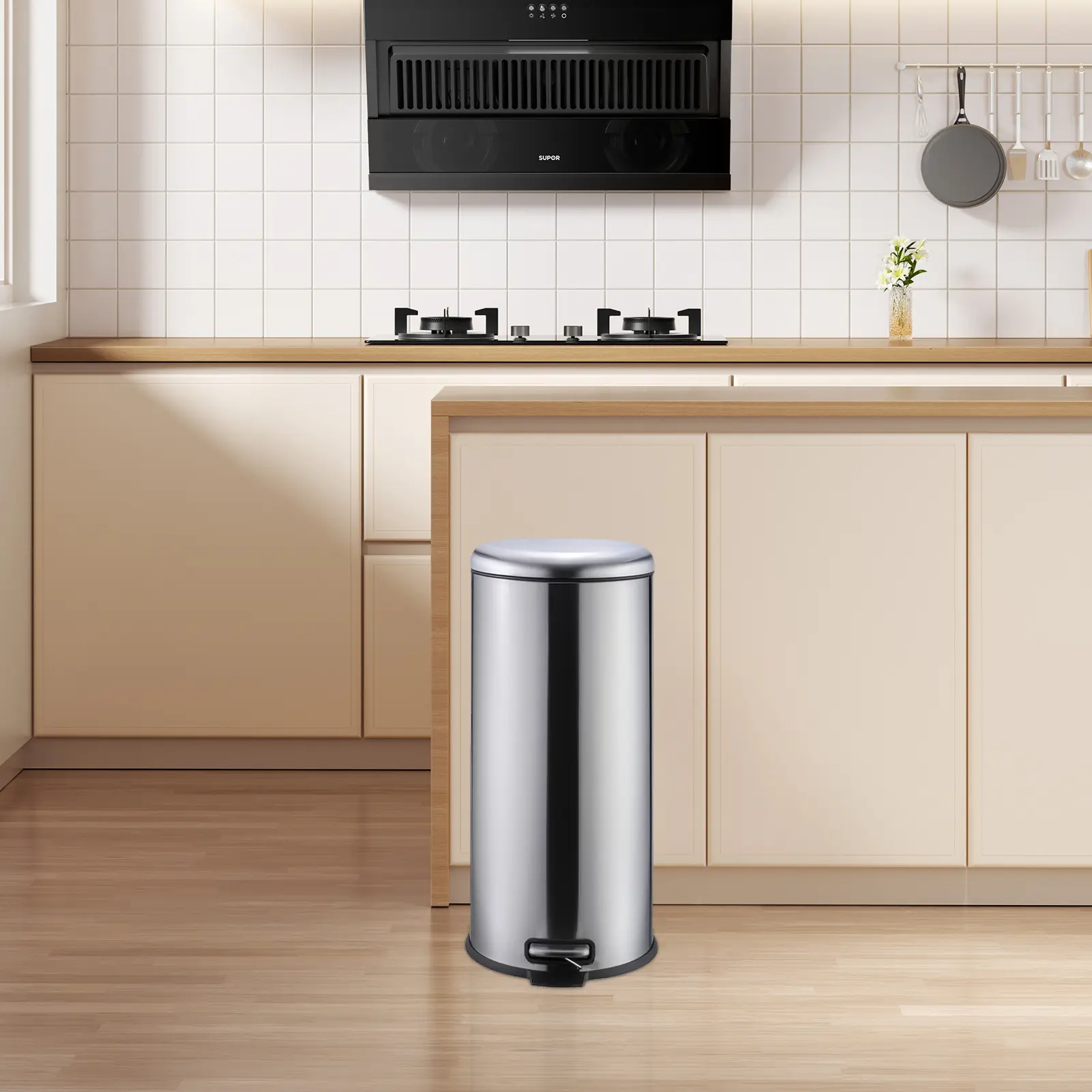 8 Gal (30L) Round Stainless Steel Pedal Trash Can - Kitchen Garbage Cans with Soft-Close Lid, Hands-Free Step-On Design, Removable Inner Bucket for Home, Office