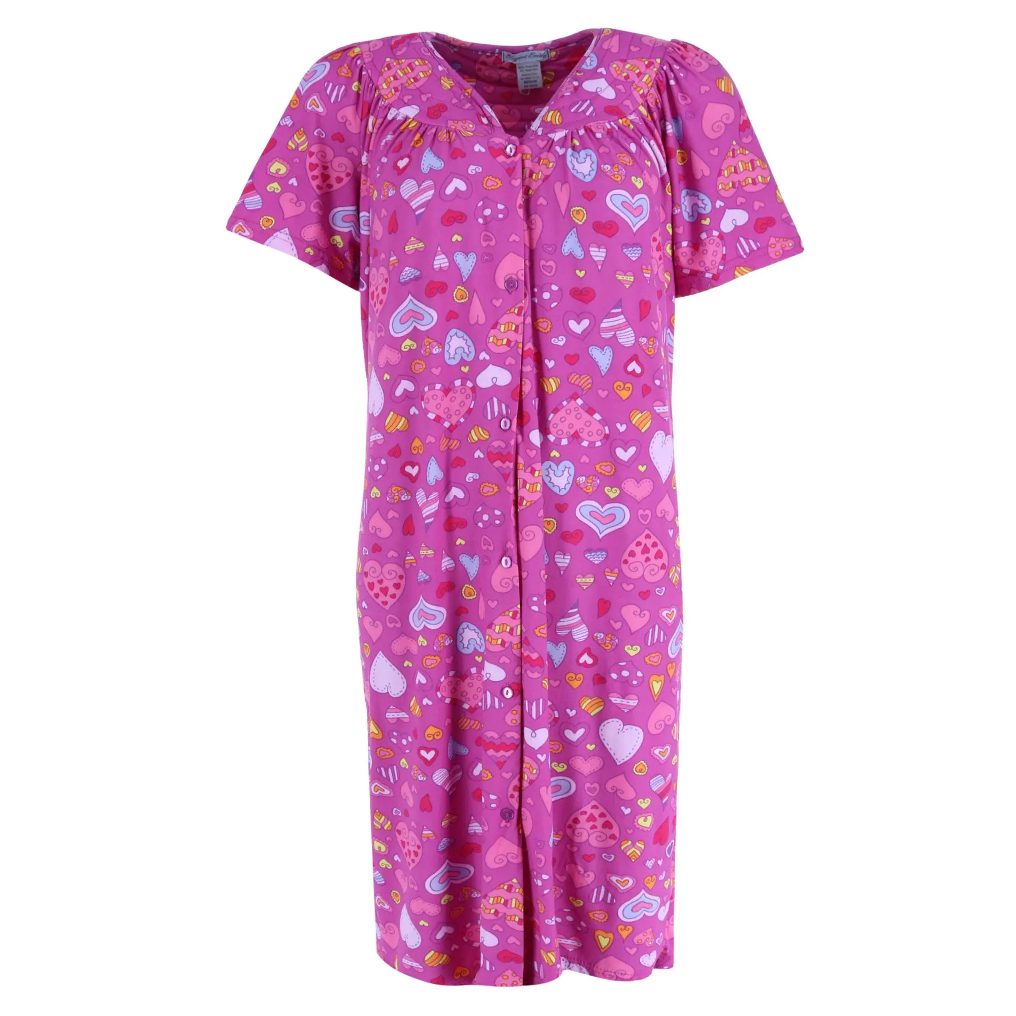 Elegant Emily Women's Casual Chic Short-Sleeve Button-Front Nightwear Dress - Soft Vintage Collared Loungewear Duster with Pink Hearts