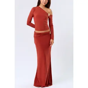 One Shoulder Flower Detail Top and Maxi Skirt Set