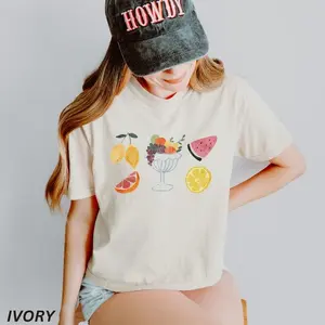 Retro Fruit Graphic Crop Tee Summer Vacation Aesthetic Boxy Cotton Shirt