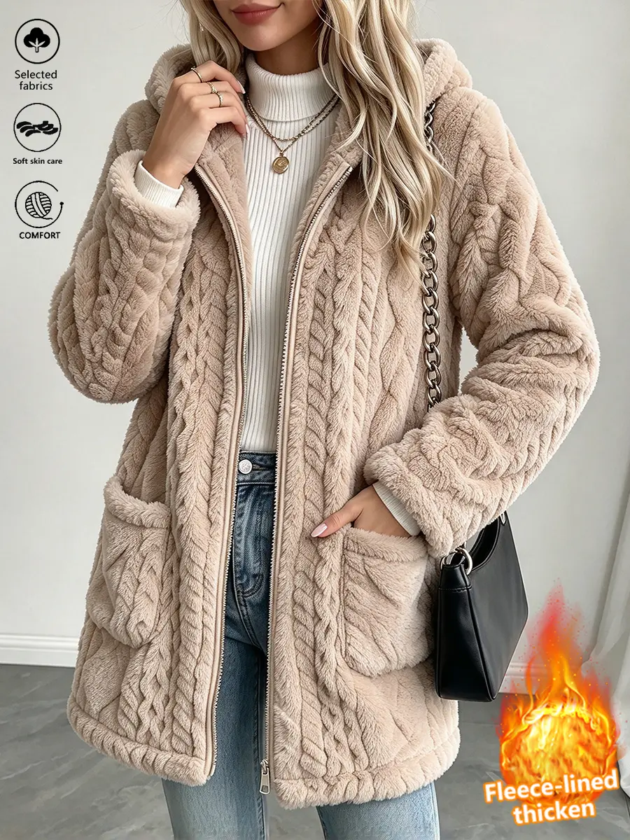 LIFE KEEPS MOVING women’s autumn/winter fleece-lined hooded jacket/coat—fashionable, warm, versatile solid-color outerwear; windproof and insulated top; Christmas gift; new arrival for fall