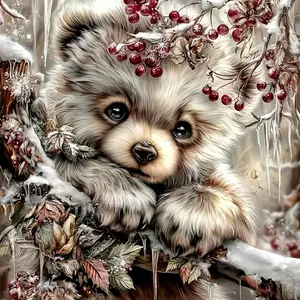 DIY 5D Diamond Painting Suitable for Adults - Winter Bear on Snowy Branch with Round Acrylic Diamonds, Relaxing Handicraft Kit, Complete Set for Home Wall/Table Decor, Cozy Winter Scene with Little Bear
