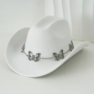 A Cowboy Hat in a Bohemian Style, Featuring a Turquoise And White Color Scheme. Made of Felt, It Is Adorned with Metal Chain Additions Shaped Like Turquoise Butterflies, Making It Suitable for Formal Occasions