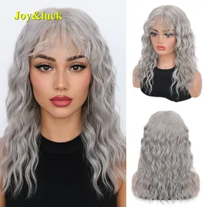 Women’s Water Wave Curly Wig | High-Quality Synthetic Hair with Bangs | Daily/Cosplay Friendly | Gray, Gold, Brown, Black, White