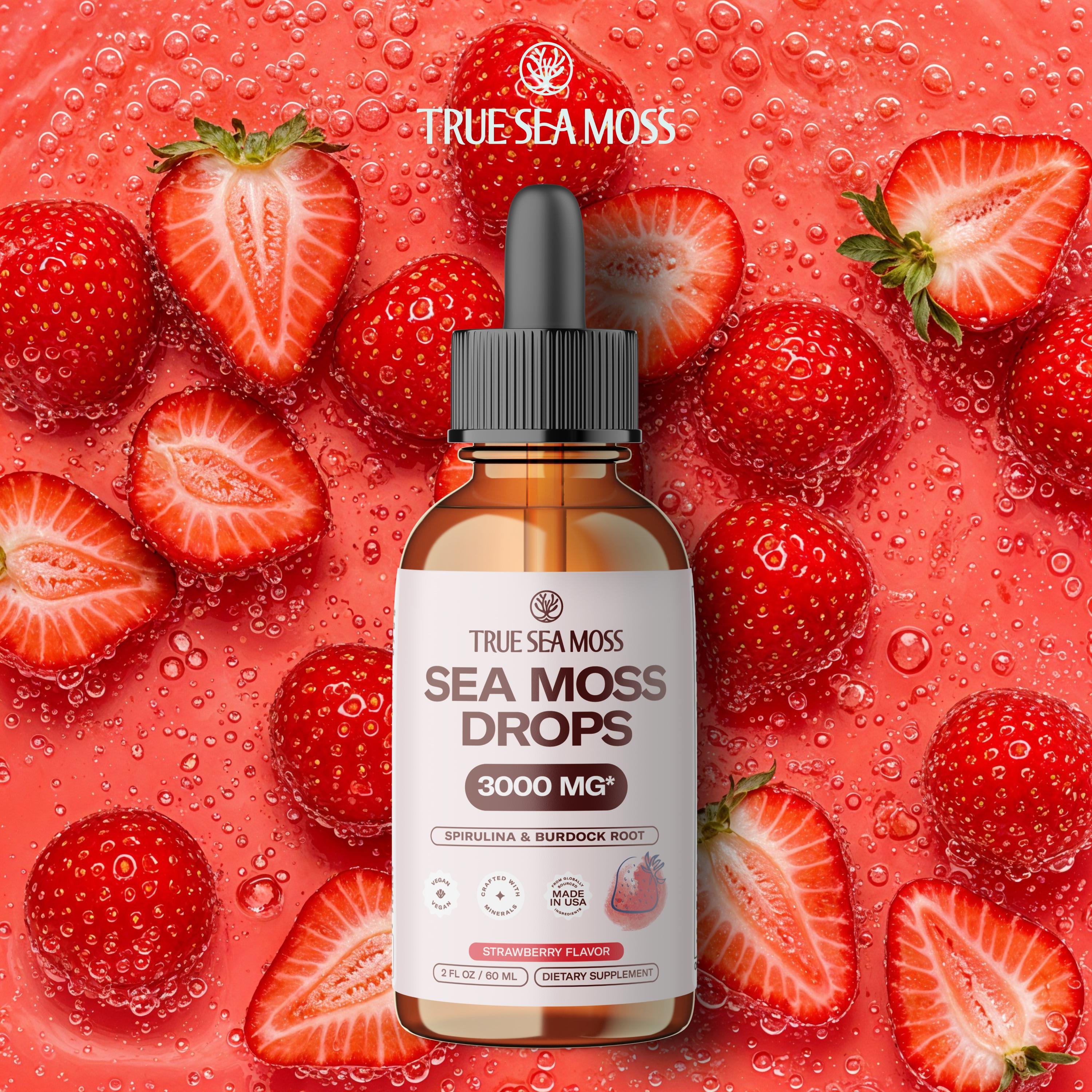 TrueSeaMoss Irish Sea Moss Drops – Strawberry Flavor – 5X Stronger Than Sea Moss Gel – With Bladderwrack, Burdock Root &