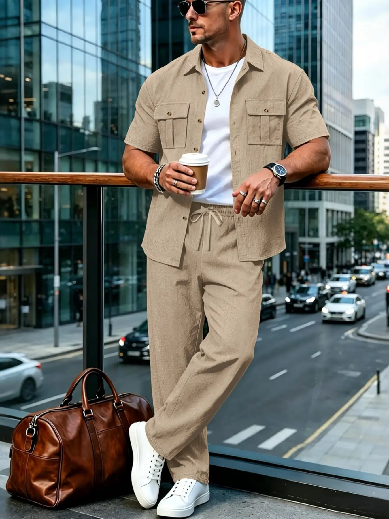 Summer Linen Style Men's Casual Short Sleeve Shirt and Long Pants Set, Resort Wear Set, Breathable Loose Fit Two-Piece, Drawstring Waist, Ideal for Vacation and Daily Wear Clothes, Menswear
