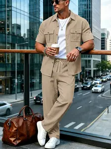 Summer Linen Style Men's Casual Short Sleeve Shirt and Pants Set, Breathable Loose Fit Two-Piece, Drawstring Waist, Ideal for Vacation and Daily Wear