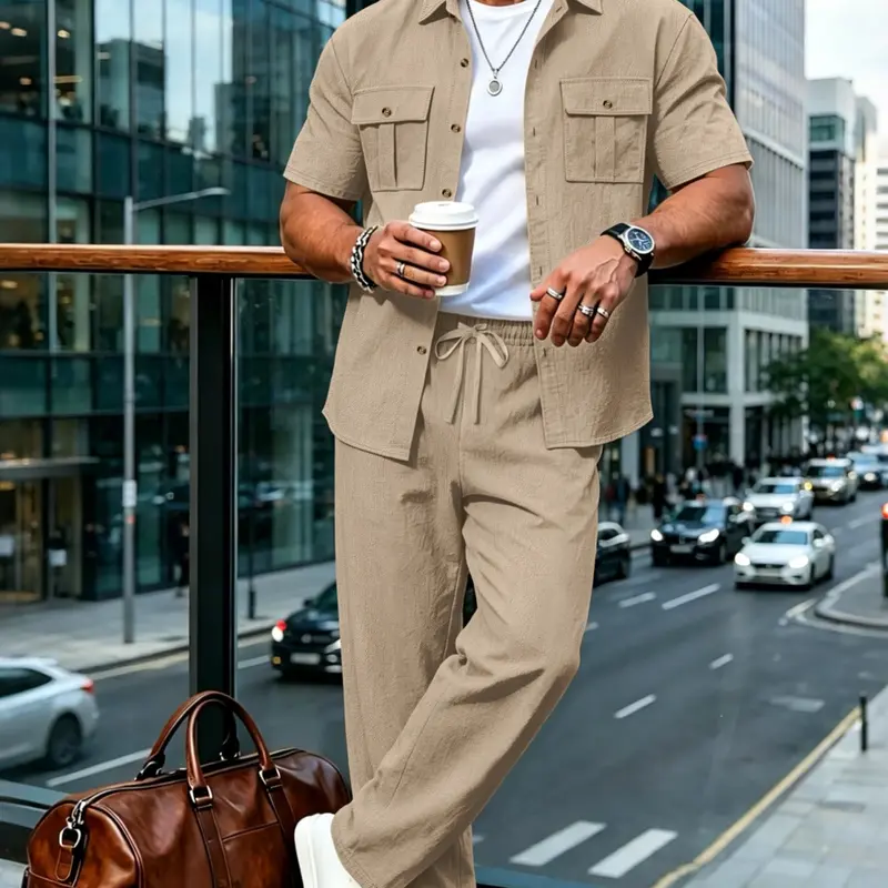 Summer Linen Style Men's Casual Short Sleeve Shirt and Long Pants Set, Resort Wear Set, Breathable Loose Fit Two-Piece, Drawstring Waist, Ideal for Vacation and Daily Wear Clothes, Clothing Sets, Menswear