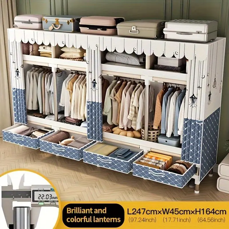 Portable Wardrobe, Freestanding Closet Hanging Organization, Metal Frame with Multicolor Fabric Cover, 4 Storage Compartments, 3 Hanging Rods, 4 Drawers，Suitable for apartments and student dormitories, easy to move
