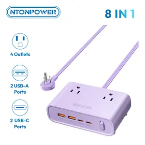 NTONPOWER Flat Plug Power Strip, Desktop Charging Station with 25W USB C Ports, Purple Extension Cord with 4 AC Outlets, 5ft Flat Extension Cord for Home Office, Dorm Room Essentials,Mother's day gift ideas
