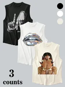 Men's Three-Piece Sleeveless Vest Set, Casual Graphic Print Round Neck Top, Daily Wear Versatile Vest, All Seasons Fitted Style