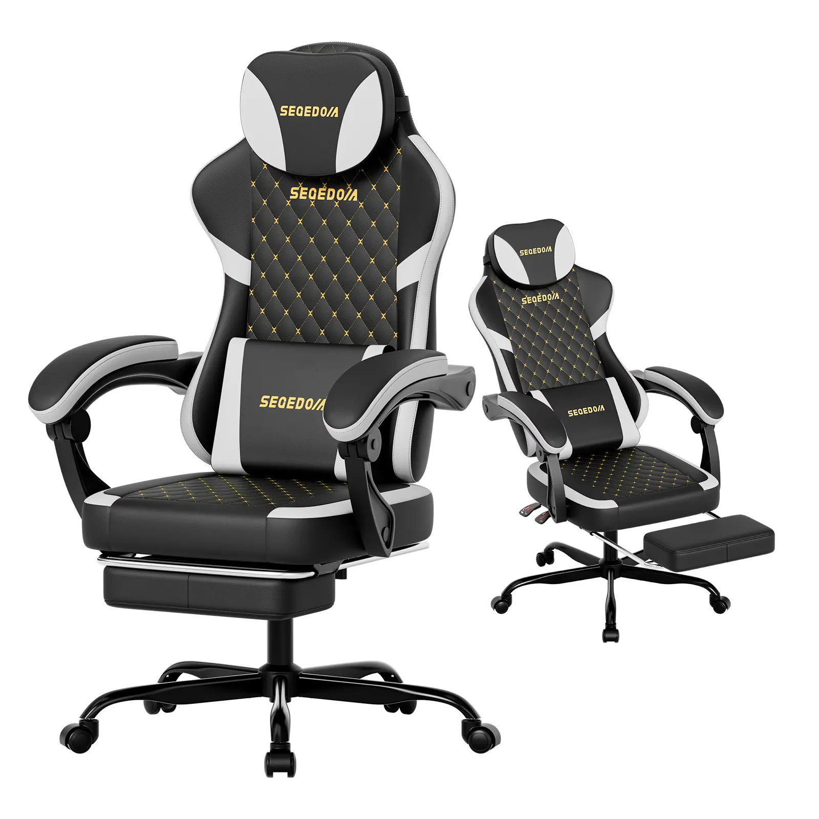 SEGEDOM Reclining Video Gaming Chair - Dual-Use Adjustable Height Office Chair with Footrest, Silent-Rolling Swivel Casters, Adjustable Armrests, Lumbar Support, Wide Easy-Clean Foam Cushion for Home Desk, Gaming Room Supplies