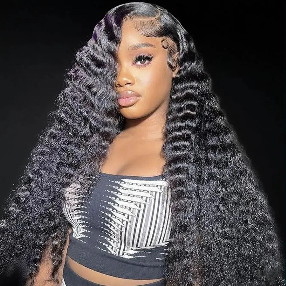 URODY Deep Wave 13x6 Lace Frontal Wigs Human Hair 180 Density HD Transaprent Lace Loose Deep Wave Curly Wigs Body Wave Pre Plucked Human Hair Wigs