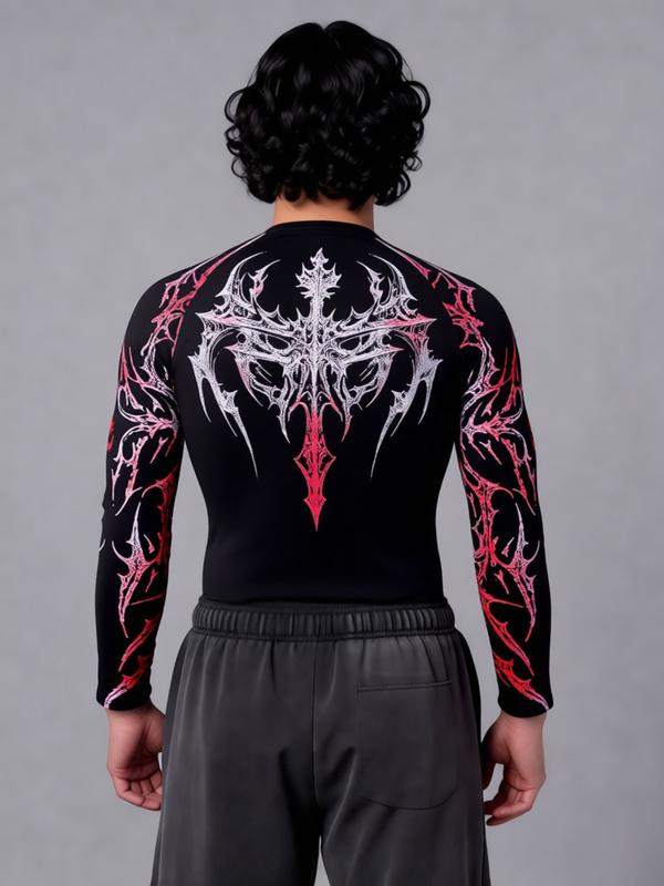 Men's Professional Sports Quick-Dry Fitness Shirt, Gothic Print Long Sleeve, High Elasticity, Round Neck, Moisture-Wicking, Running, Training, Daily Wear, Gym Workout Shirt