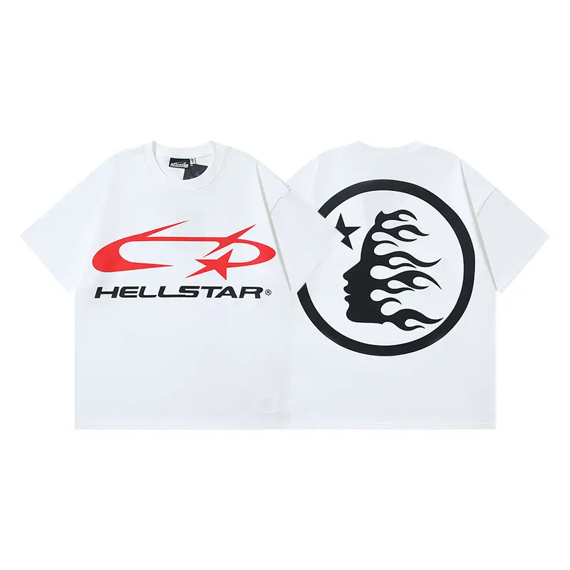 Hellstar Red Shooting Star Logo T-Shirt, Minimal Racing Graphic Tee with Oversized Black Flame Profile Back Print, Heavy Cotton White Loose Fit Top for Men Women, Y2K Urban Streetwear Fashion Accessories