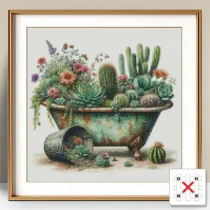 Cactus Botany Flower Pattern Cross Stitch Embroidery Kit, 1 Set DIY Cross Stitch Embroidery Supplies without Frame with Tools, Home Bedroom & Wall Artwork