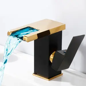 Black & Golden Waterfall Bathroom Faucet with Changing Spout Single Handle and Available for Commercial Use Deck Mounted LED Light Changing with Temperature Detection