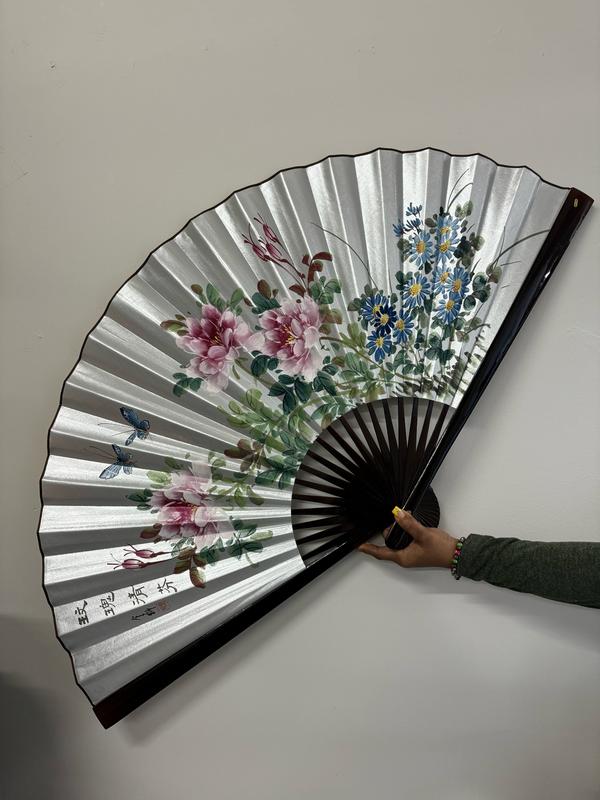26" Oriental Hand Painted Wooden Silk Fan Decor Wall