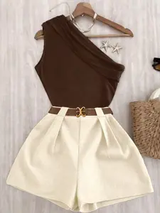 Women's Spring Summer Knitted Casual Fashion Commuter Shorts Set, Womenswear High Stretch Pleated Top with Elastic Waist Pants