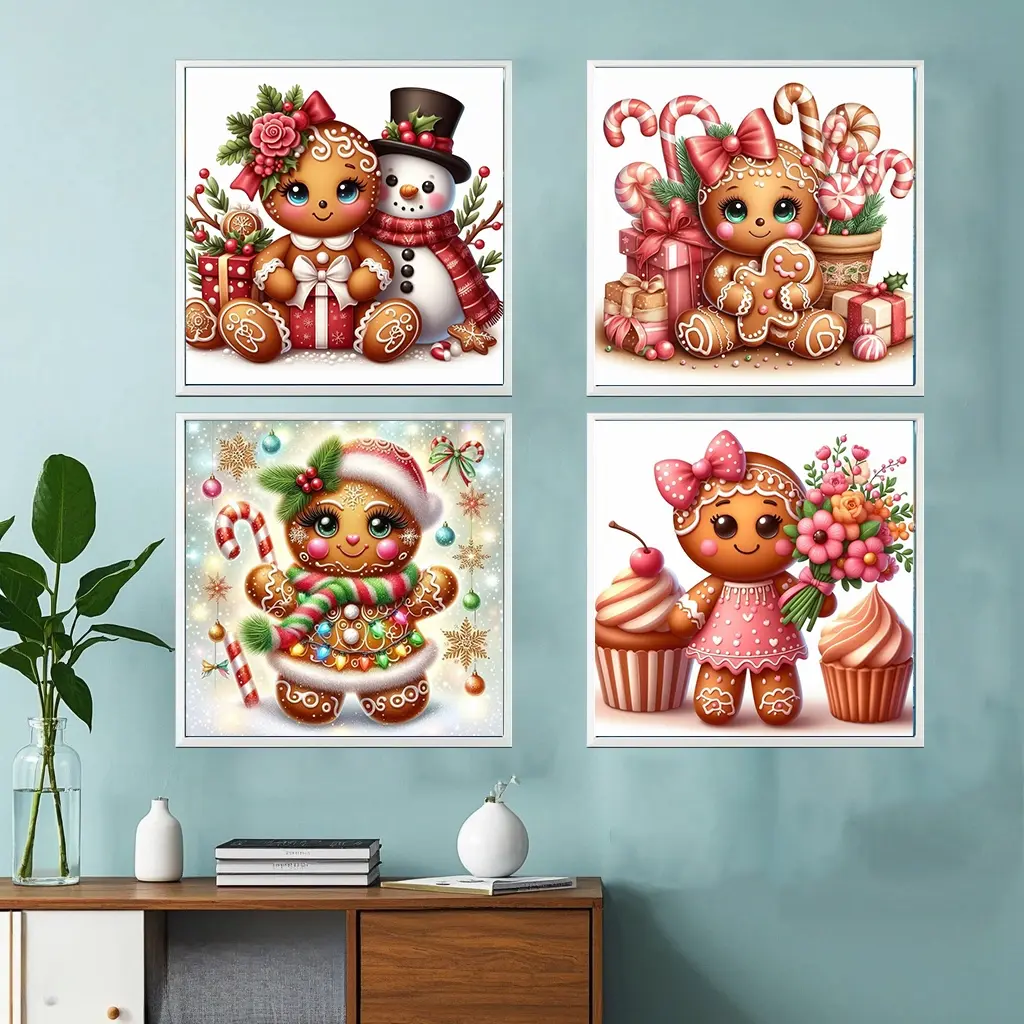4pcs Christmas Gingerbread Diamond Painting Kit, Adult Art Craft Set, DIY 5D Round Drill Acrylic Home Decor, No Frame Wall Decoration, Handmade Gifts