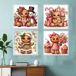 4pcs Christmas Gingerbread Diamond Painting Kit, Adult Art Craft Set, DIY 5D Round Drill Home Decor, No Frame Wall Decoration, Handmade Gifts