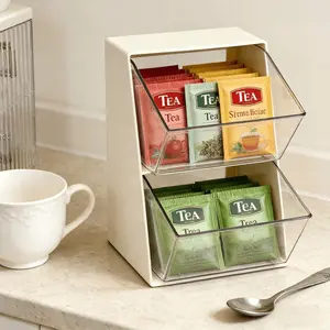 Fashion Cream White Acrylic Storage Box, Dual Clear Drawers for Tea Bags, Coffee Capsules & Snacks, Compact Design for Apartment Countertop, Elegant Gift for Housewarming Party
